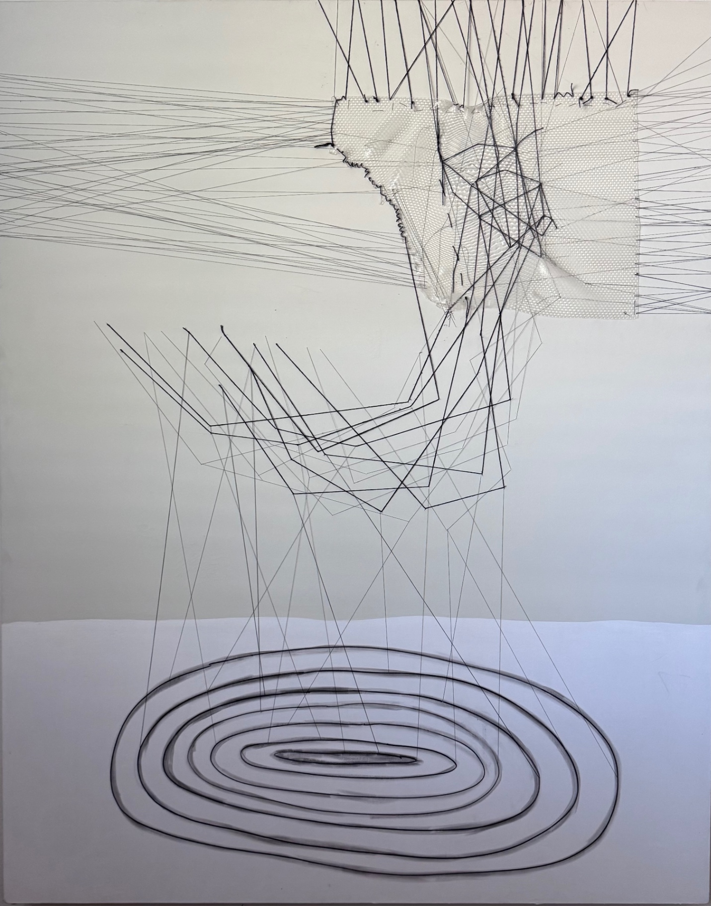 Trouble Above, Thread and mixed media on panel